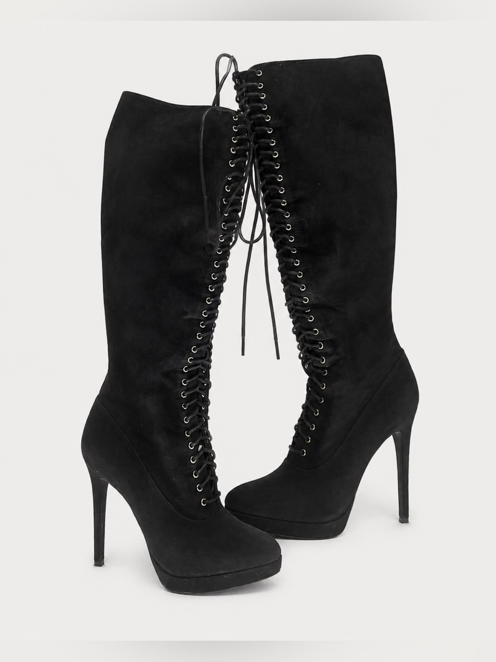 Forever 21 Black Lace-Up Platform Boots Stiletto Heel 6 Elegant Knee-High Boots
